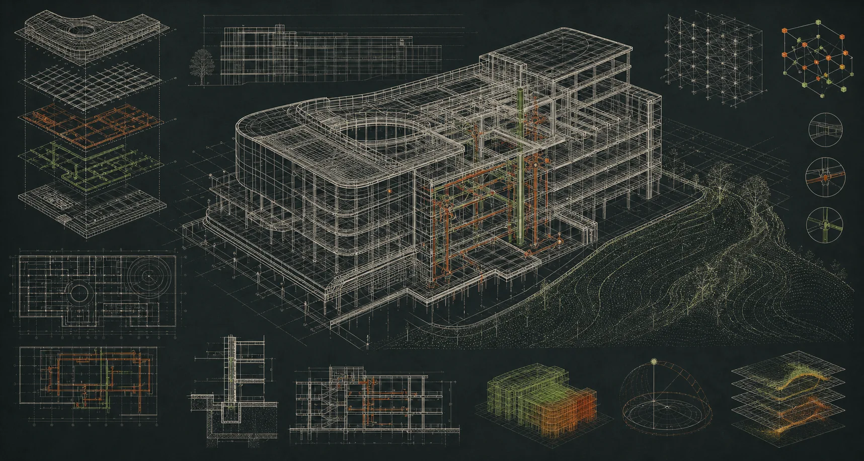 Цифровая BIM-модель здания с инженерными слоями и аналитическими схемами